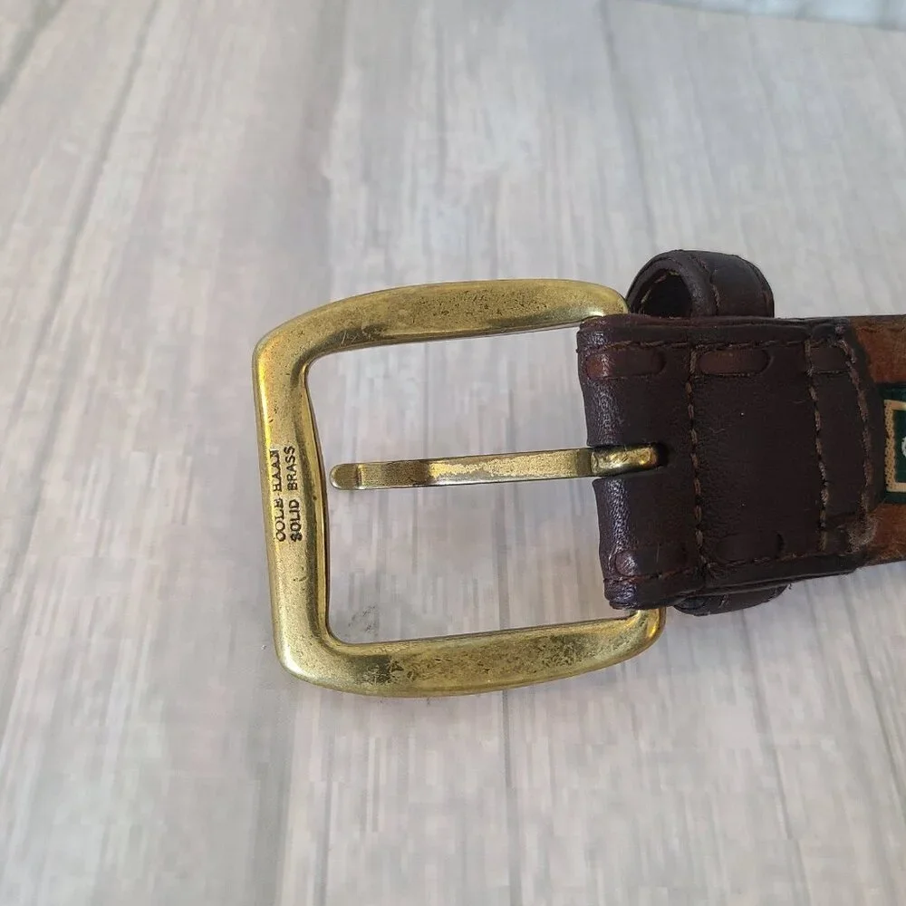 Vintage Cole Haan Brown Leather Belt Made in USA Brass Buckle Stitch Detailed